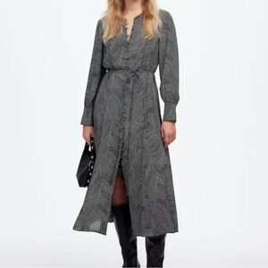 Madewell Tie Waist Midi Dress Black Dot Small Fit Flare Button Front Academia